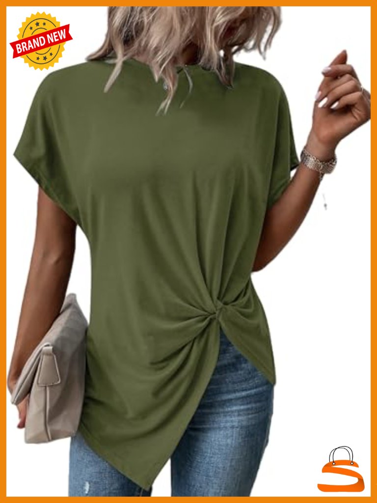 Twist Front Asymmetrical Hem Short Sleeve Tunic Top Crewneck Knot Tee